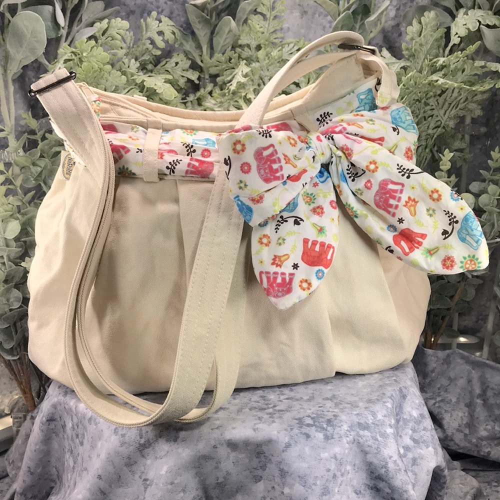 NaRaYa Ecru/Beige Pleated Cotton Slouch Handbag w/Elephant Themed Detailing